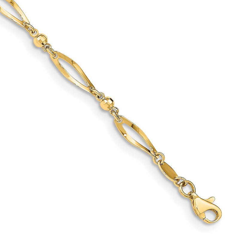 14K Gelbgold Poliert Gedreht Oval und Mirror Perlen 9 Zoll Fußkettchen