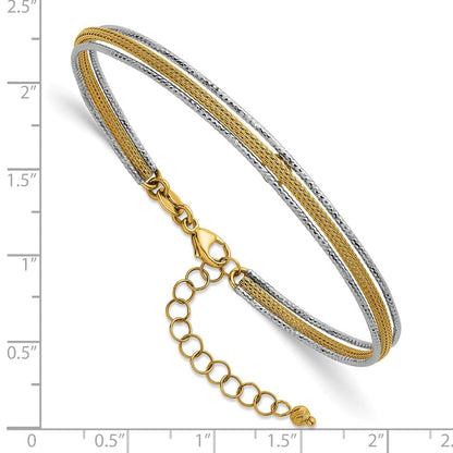 14K Bicolor Gold Strukturiert Geflochten 5mm Flexibel Armreif Armband Plus 1.25 Zoll Verlängerung
