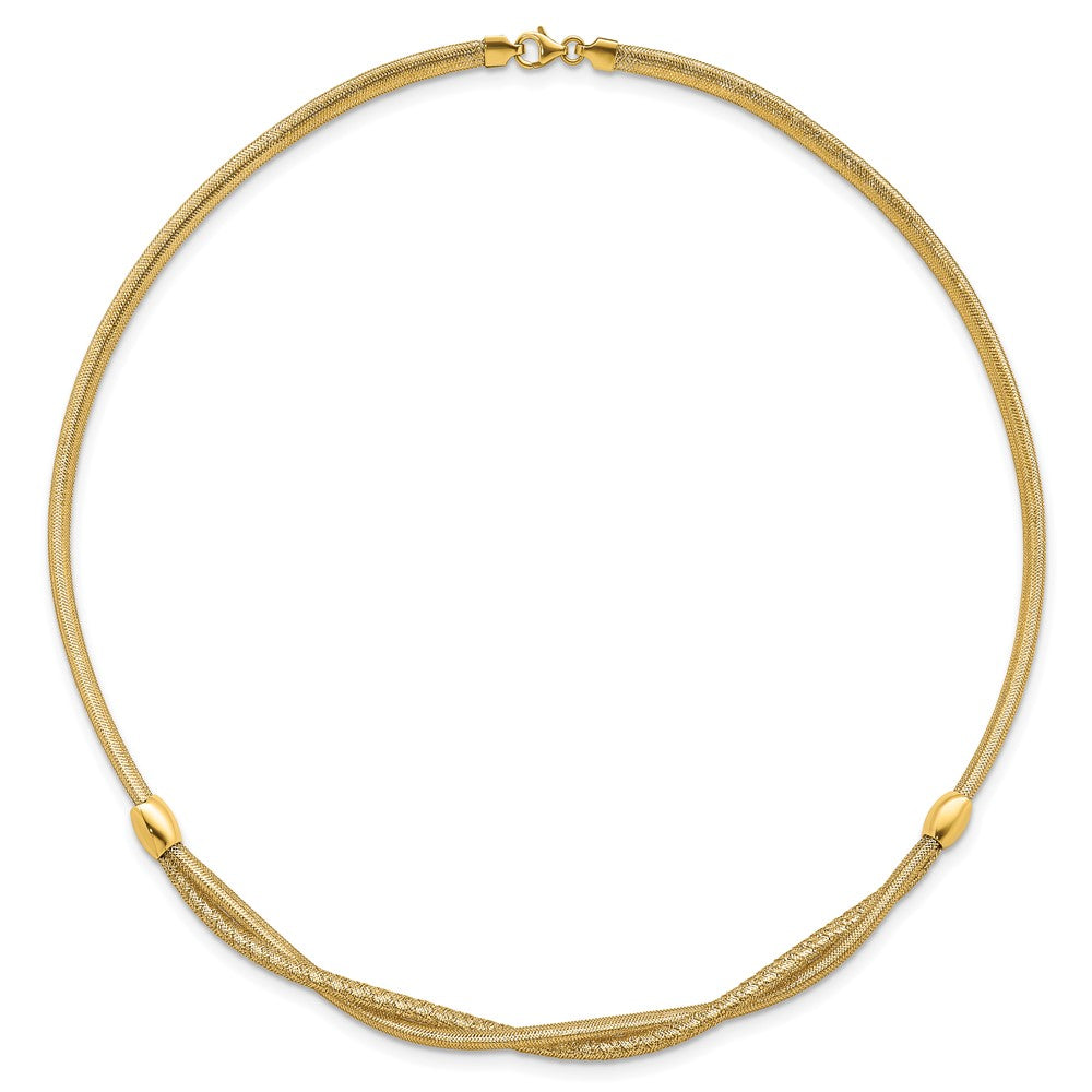 14K Gelbgold Poliert Gedreht mit Perlen 7mm Flexibel Netz 18 Zoll Halskette