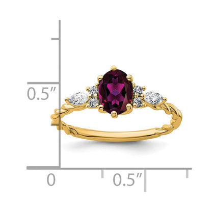 14K Gelbgold Ring mit Diamanten und 7x5 ovalem Rhodolith-Granat, Größe 7, gedreht