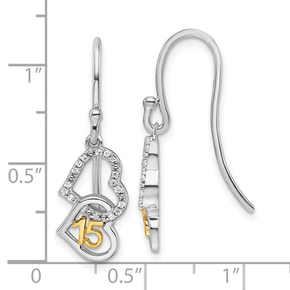 14K Bicolor-Gold Diamant-Ohrhänger „Quinceañera 15" mit Doppelherz-Motiv und französischem Ohrhaken, 0,1 ct