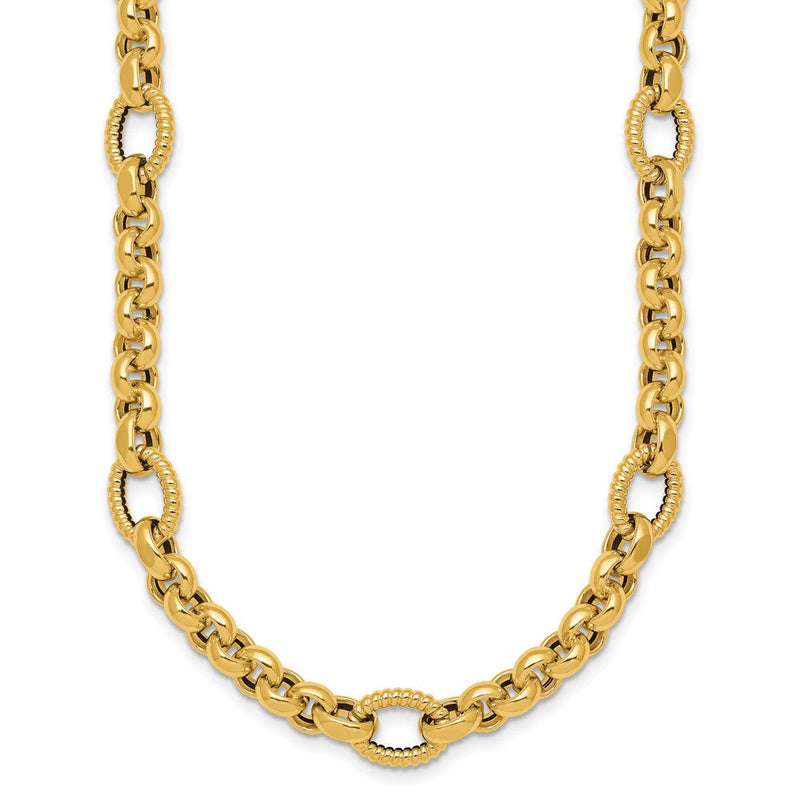 14K Gelbgold Poliert und Strukturiert Erbs und Oval Fantasie Kette 18 Zoll Halskette