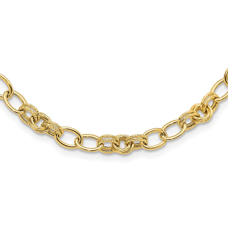 14K Gelbgold Poliert und Strukturiert 6mm Fantasieglieder 18.5 Zoll Halskette