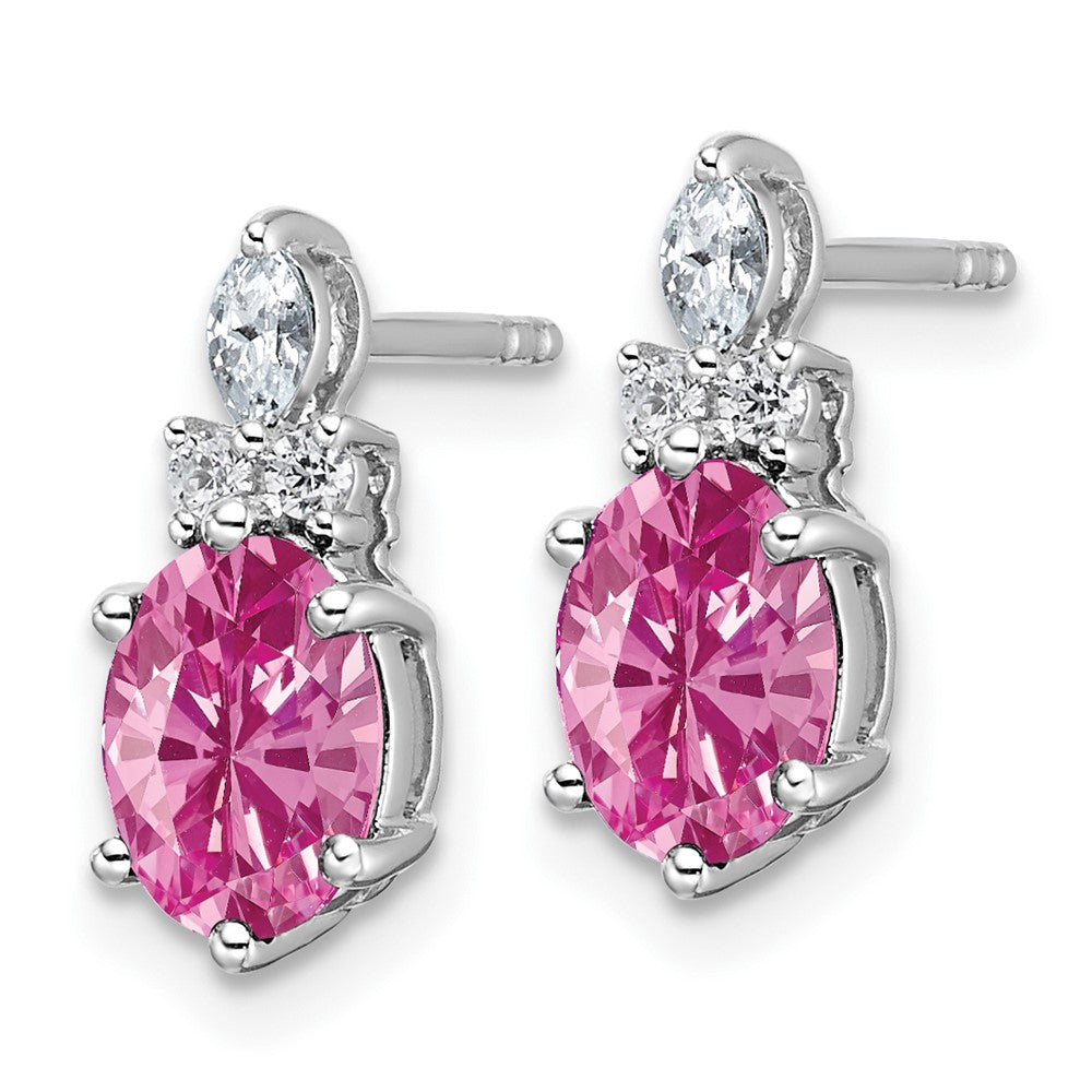 14K Weißgold Ohrstecker mit Diamanten und 7x5 mm ovalen, im Labor gezüchteten rosa Saphiren (Oktober-Geburtsstein)