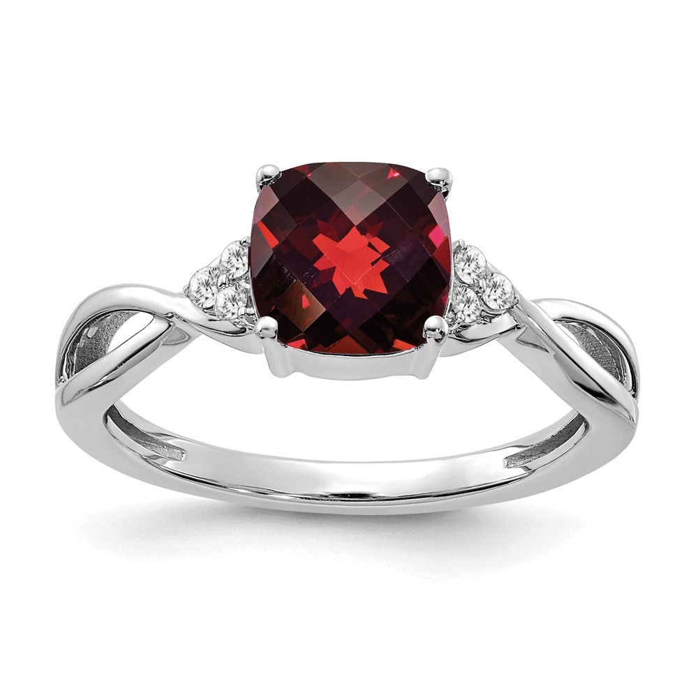 14K Weißgold 7mm Kissen Schachbrett January/garnet und Diamant Ring