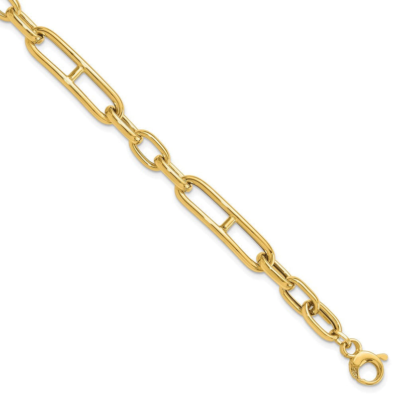 14K Gelbgold Poliert 7.4mm Fantasie Büroklammer Glieder Gliederarmband Plus Verlängerung