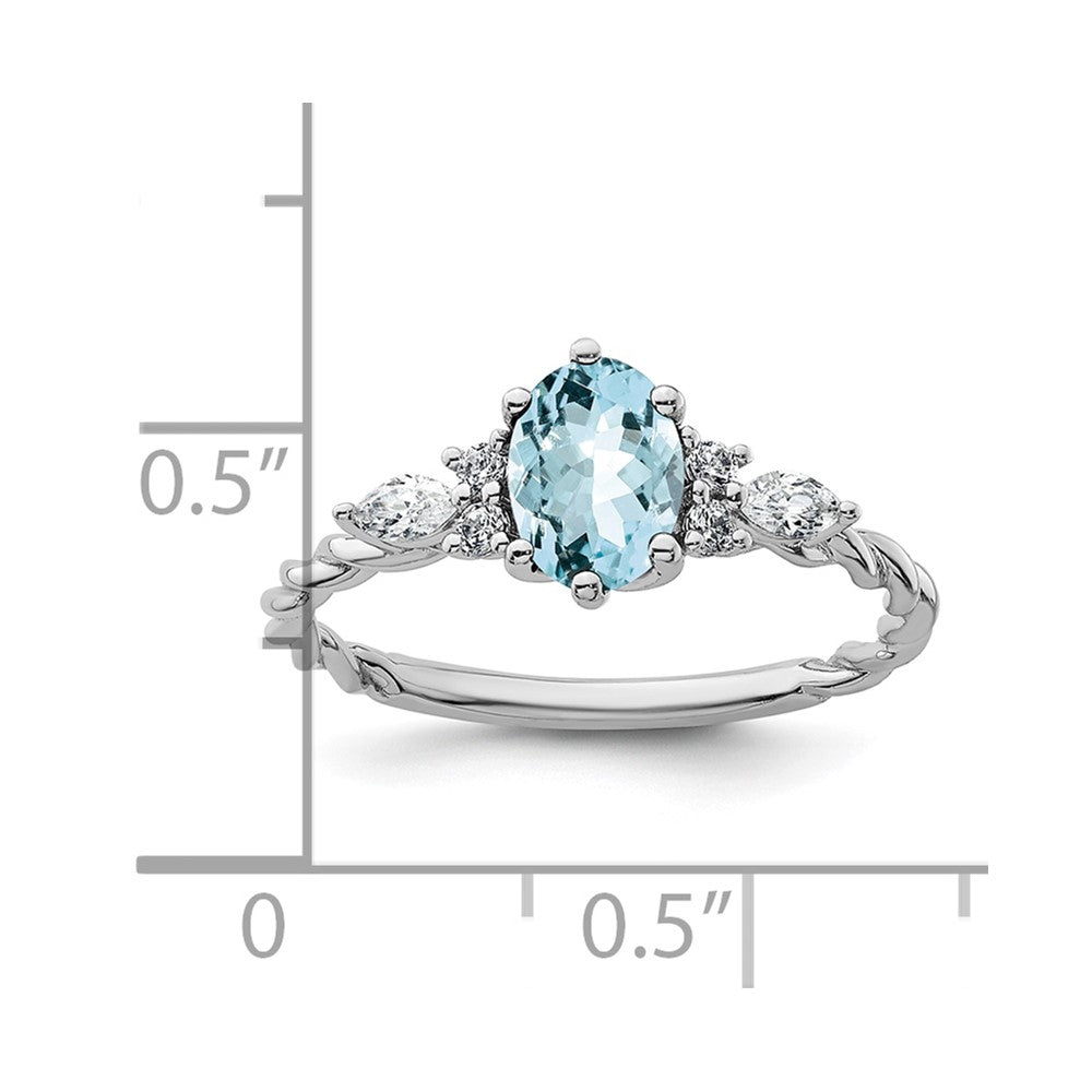 14K Weißgold Ring mit Diamant und 7x5 ovalem März/Aquamarin, Größe 7, verschlungen