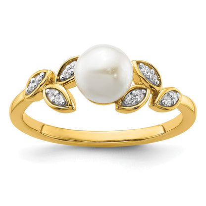 14K Gelbgold Ring mit poliertem Blattdesign, 0,05K Diamant und Süßwasser-Zuchtperle, Größe 7