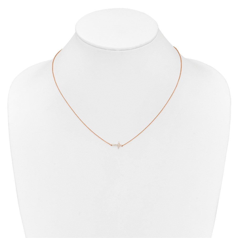 14K Roségold 1/10 Karat Diamant Seitlich Kreuz 18 Zoll Halskette