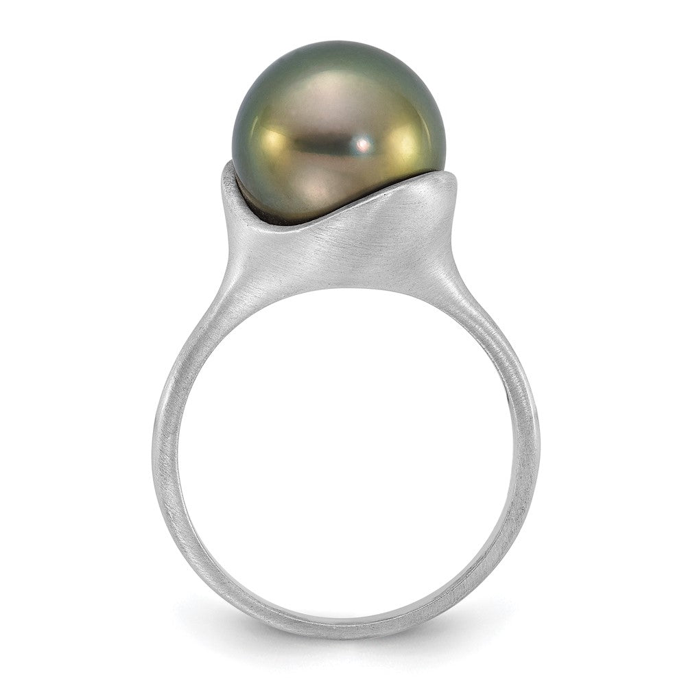 14K Weißgold Gebürstet 10-11mm Rund Schwarz Tahitian Salzwasser Zuchtperle Ring