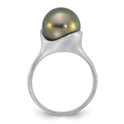 14K Weißgold Gebürstet 10-11mm Rund Schwarz Tahitian Salzwasser Zuchtperle Ring