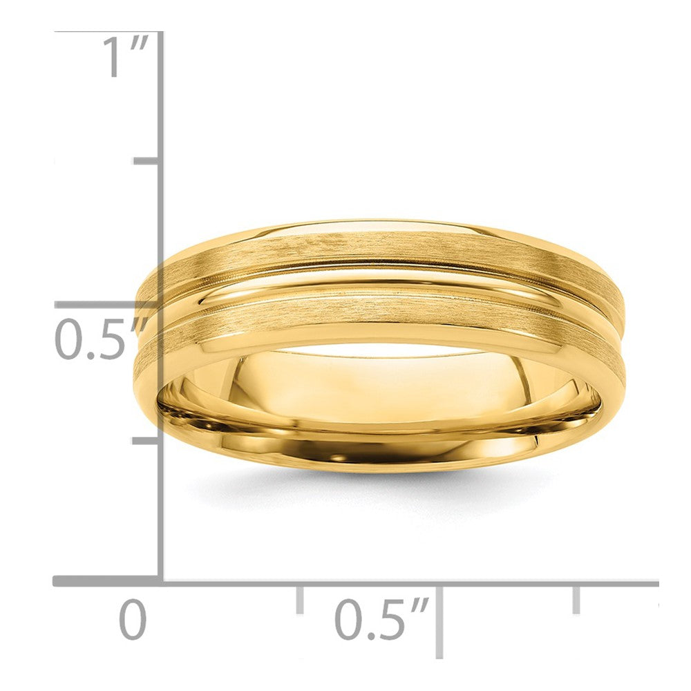 14K Gelbgold 6 mm Ehering, Standardgewicht, Komfort-Passform, gebürstetes Satin mit Mittelrille
