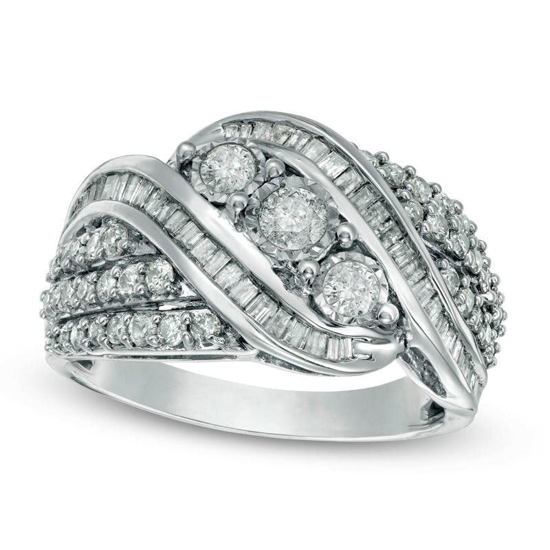 1.0 CT. Gesamtgewicht Baguette und rund natürlicher Diamant Dreistein mehrreihiger Bypass-Ring in Sterlingsilber