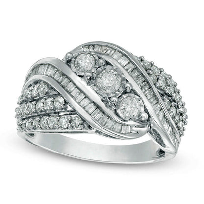 1.0 CT. Gesamtgewicht Baguette und rund natürlicher Diamant Dreistein mehrreihiger Bypass-Ring in Sterlingsilber
