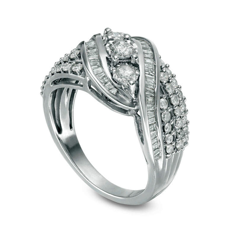 1.0 CT. Gesamtgewicht Baguette und rund natürlicher Diamant Dreistein mehrreihiger Bypass-Ring in Sterlingsilber