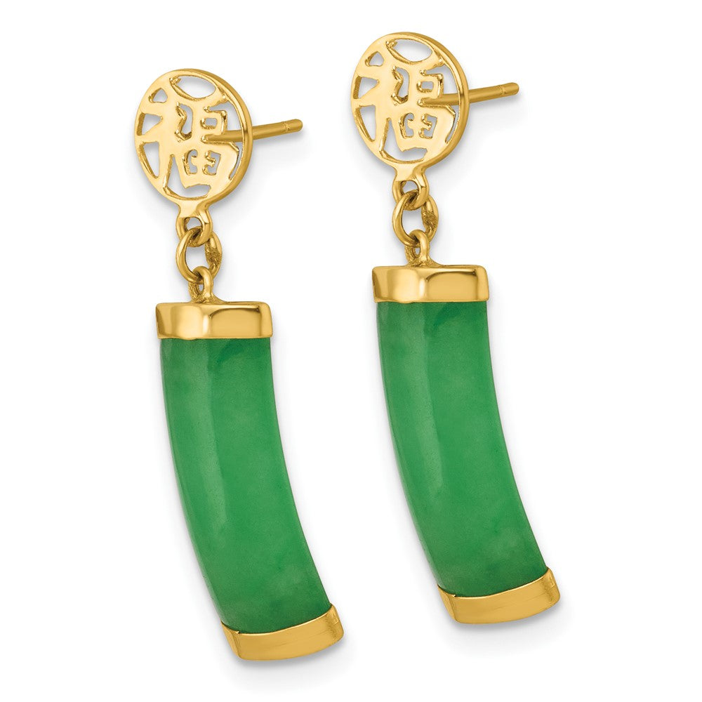 14K Gelbgold Poliert Good Luck Symbol und Jade Gewölbt Stab Hängend Ohrstecker