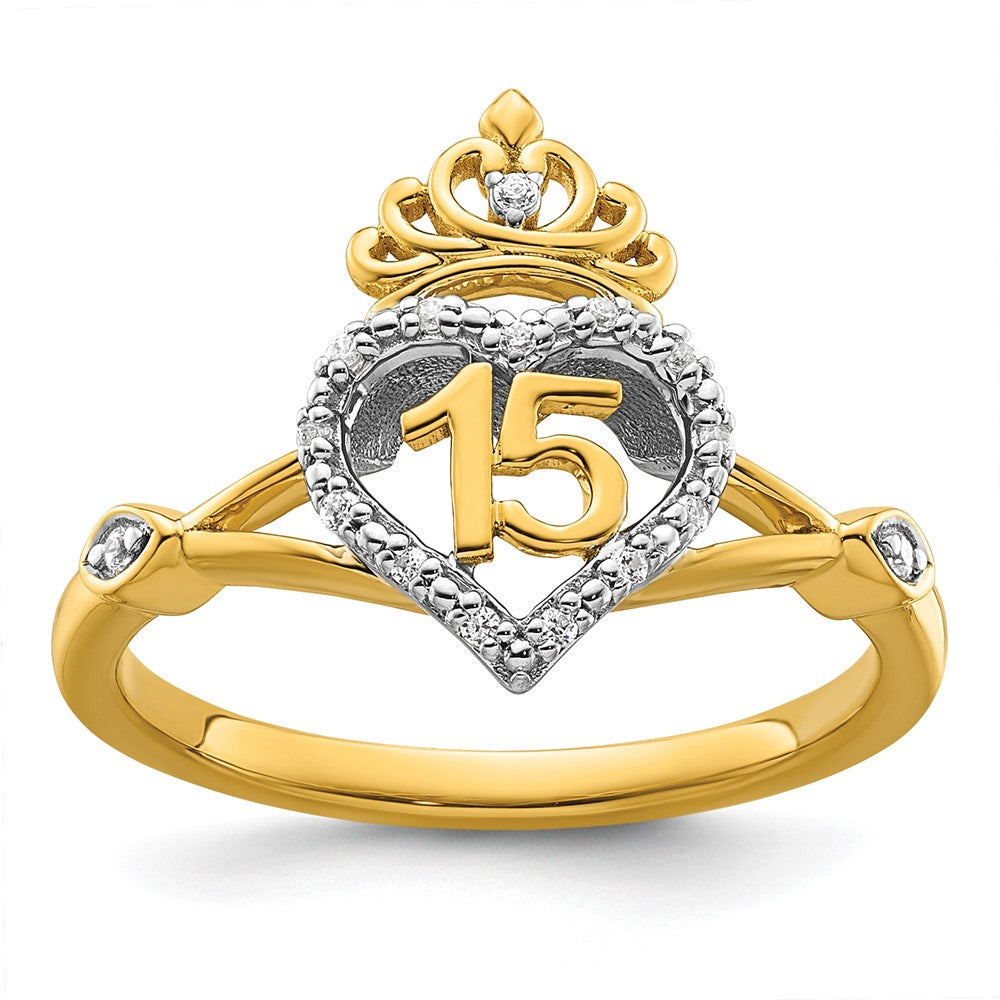 14K Bicolor Gold Polierter Diamant-Ring mit Herz/Krone-Motiv "Quinceañera"