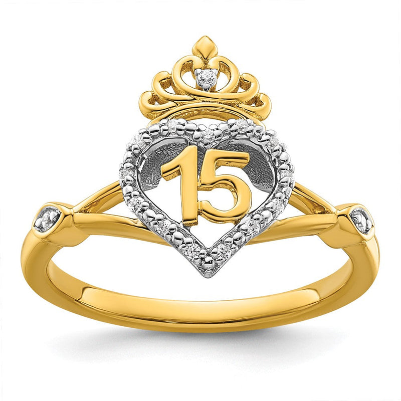 14K Bicolor Gold Polierter Diamant-Ring mit Herz/Krone-Motiv "Quinceañera"