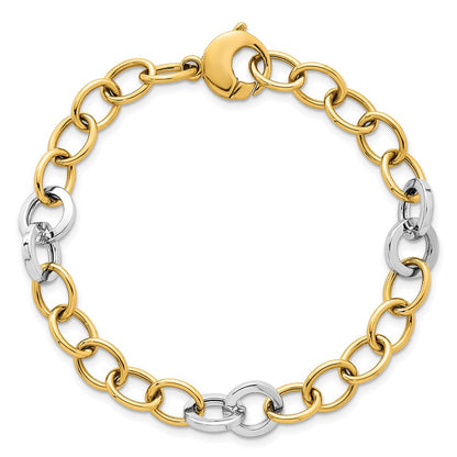 14K Bicolor Gold Bicolor Poliert 9.75mm Fantasie Kreis Ankerkette Kette 7.5 Zoll Armband