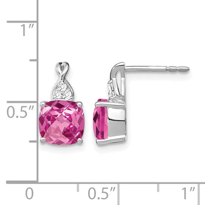 14K Weißgold Ohrstecker mit 7-mm-Kissenschliff-Karomuster-Oktober/im Labor gezüchtetem Pink-Saphir und Diamant