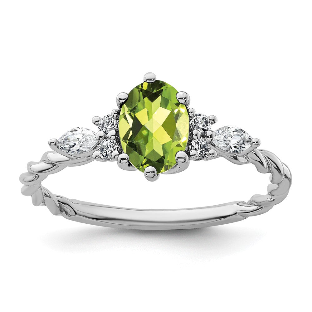14K Weißgold Ring mit Diamant und 7x5 ovalem August/Peridot, gedreht, Größe 7
