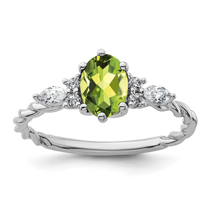 14K Weißgold Ring mit Diamant und 7x5 ovalem August/Peridot, gedreht, Größe 7