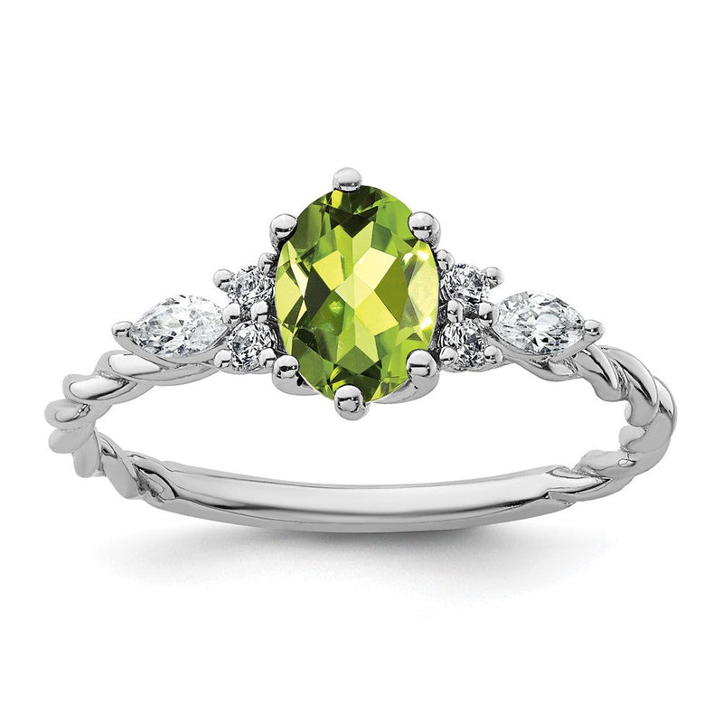 14K Weißgold Ring mit Diamant und 7x5 ovalem August/Peridot, gedreht, Größe 7
