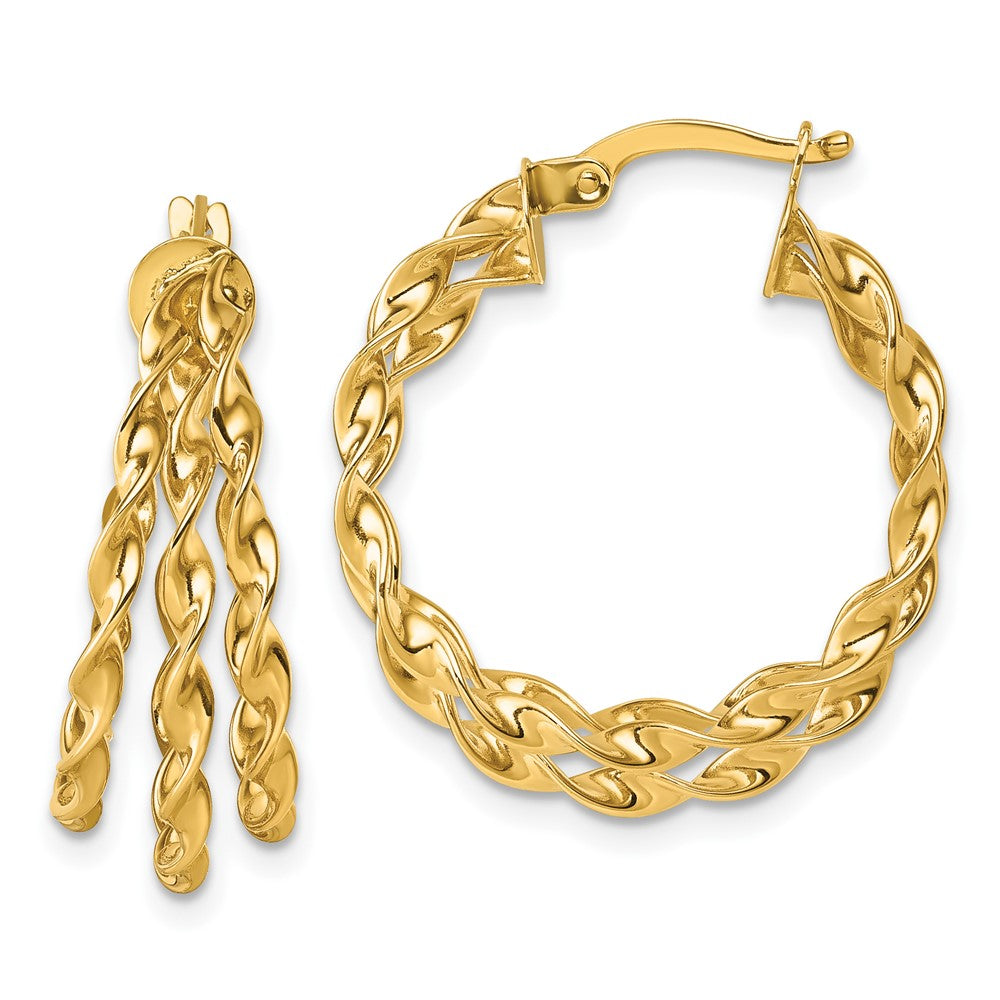 14K Gelbgold Poliert Drei Strang Kreis Gedreht Creolen