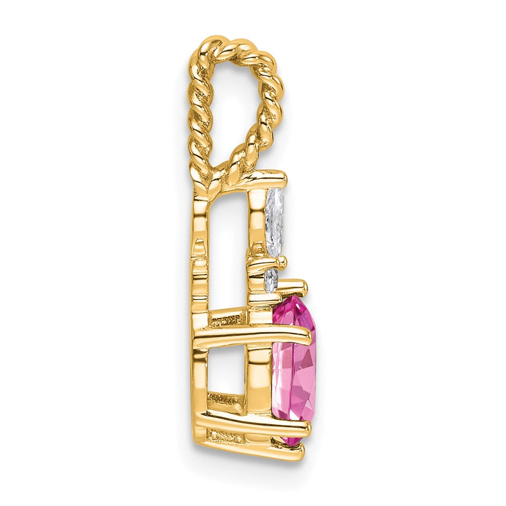 14K Gelbgold Diamant und 7x5 Oval October/im Labor Erzeugt Rosa Saphir Gedreht Kette Anhänger