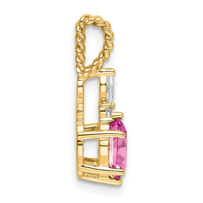14K Gelbgold Diamant und 7x5 Oval October/im Labor Erzeugt Rosa Saphir Gedreht Kette Anhänger
