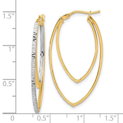 14K Gelbgold Poliert und Rhodium Diamantiert V Form Creolen