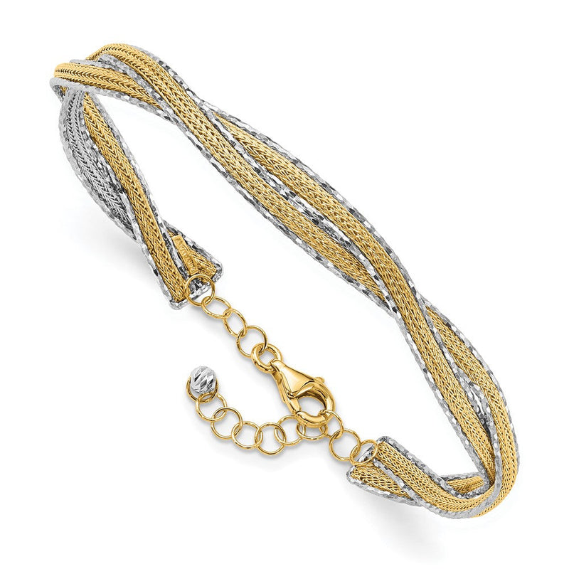 14K Bicolor Gold Bicolor Diamantiert und Strukturiert Geflochten 6.70mm mit Sicherheits Kette Flexibel Oval Armreif Armband