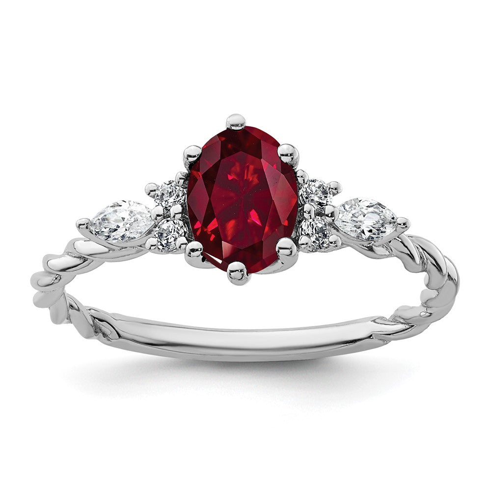 14K Weißgold Diamant- und 7x5 Oval Juli/Labor-erzeugter Rubin Größe 7 gedrehter Ring