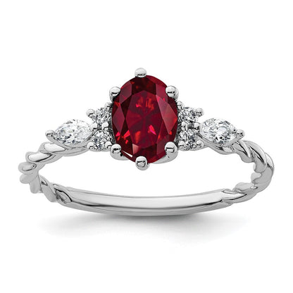 14K Weißgold Diamant- und 7x5 Oval Juli/Labor-erzeugter Rubin Größe 7 gedrehter Ring