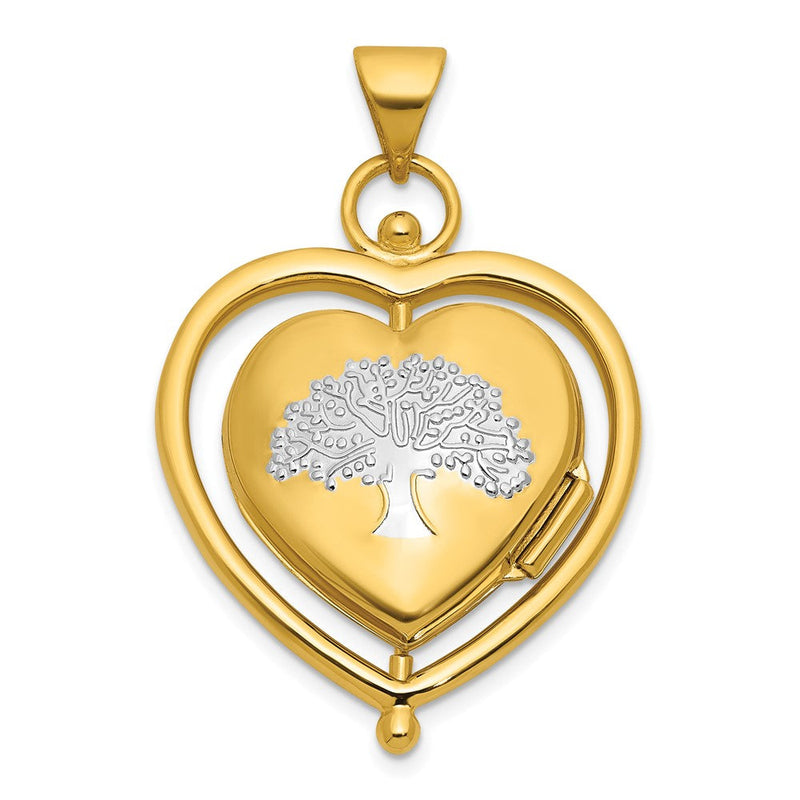 14K Gelbgold und Rhodium Baum Of Leben und Blumen in Spinning Rahmen Wendbar 15mm Herz Medaillon