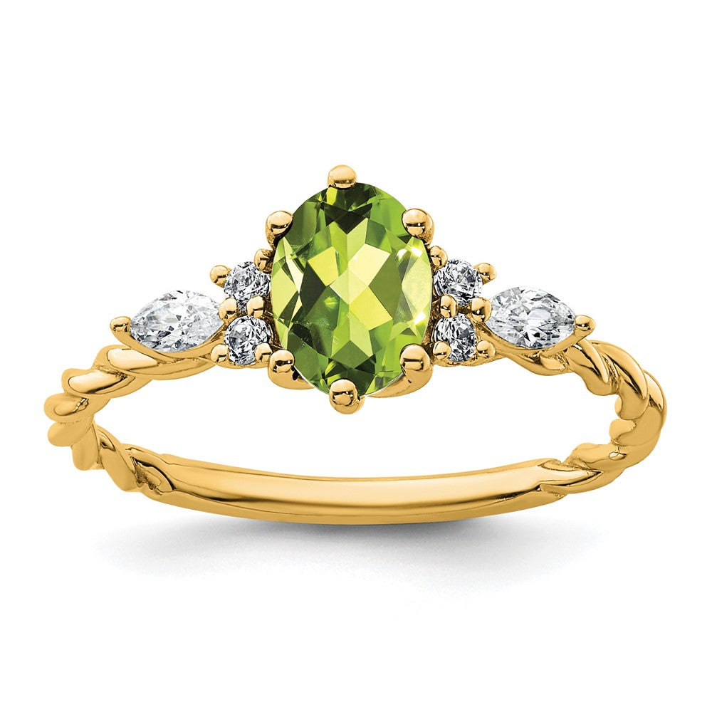 14K Gelbgold Ring mit Diamant und 7x5 ovalem August-/Peridot-Stein, Größe 7, gedreht