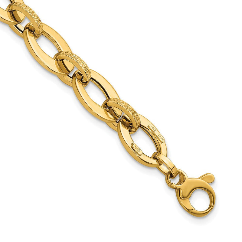 14K Gelbgold Poliert und Strukturiert Greek Key Geätzt 10mm Fantasie Oval Glieder 7.75 Zoll Armband