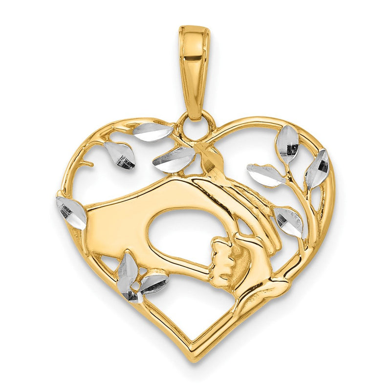 Diamantierter Anhänger „Mutter- und Kind-Hände im Herz" aus 14K Gelbgold und Rhodium