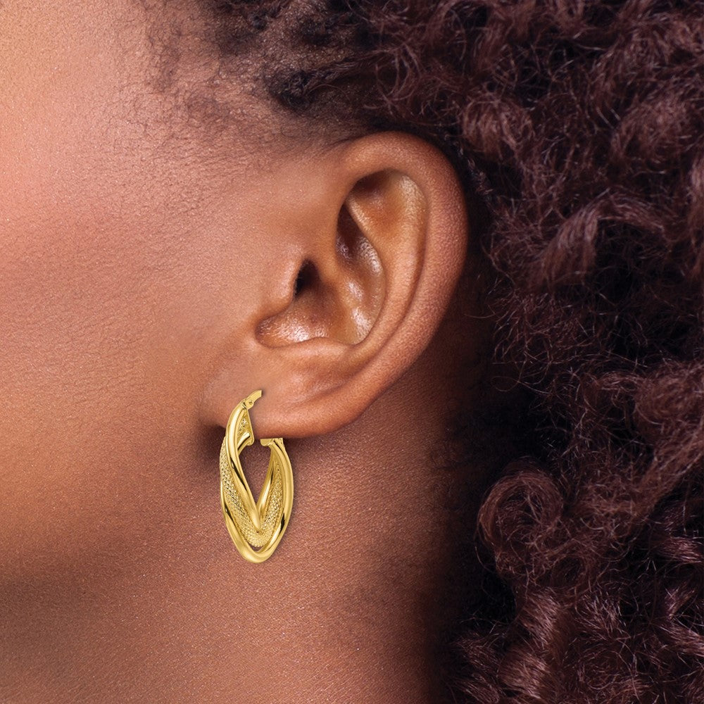 14K Gelbgold Poliert Strukturiert & Intertwined Oval Creolen