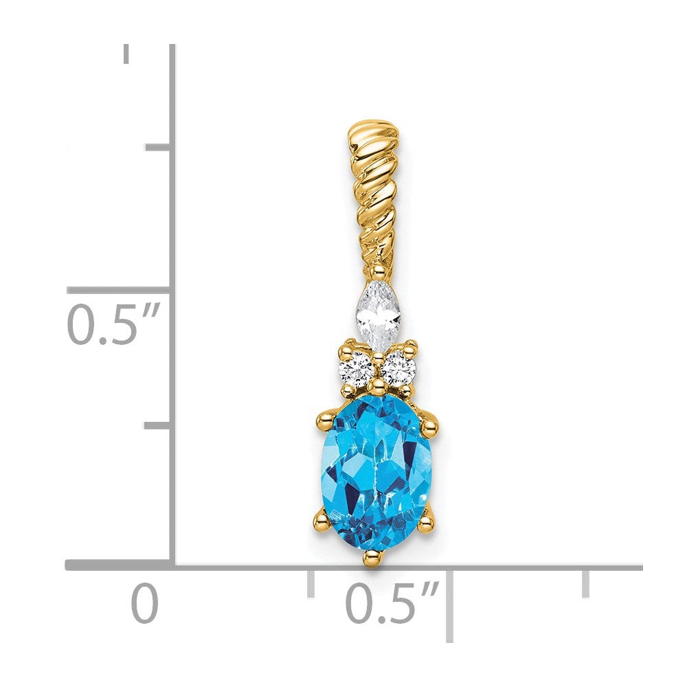 14K Gelbgold Diamant und 7x5 Oval December/ Blautopas Gedreht Kette Anhänger