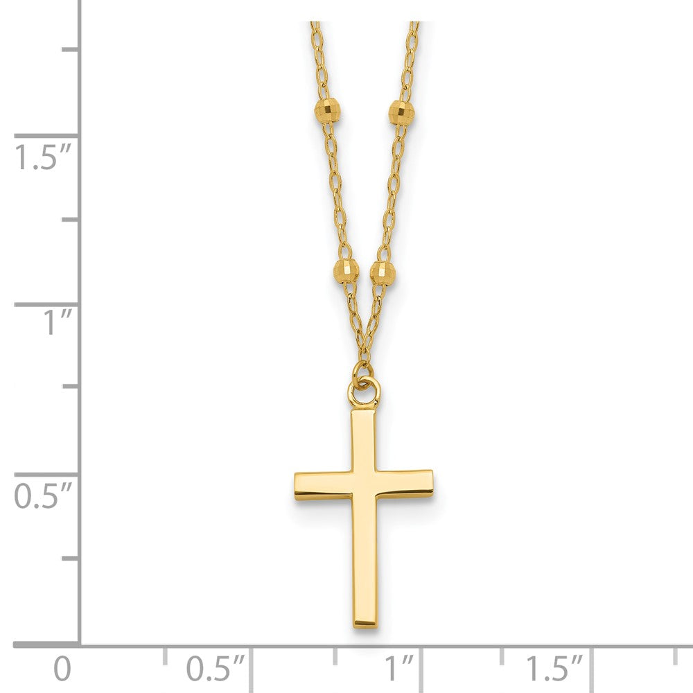 14K Gelbgold Mirror Gekugelt Kette mit Poliert Kreuz Anhänger 16.25 Zoll Halskette Plus 2 Zoll Verlängerung
