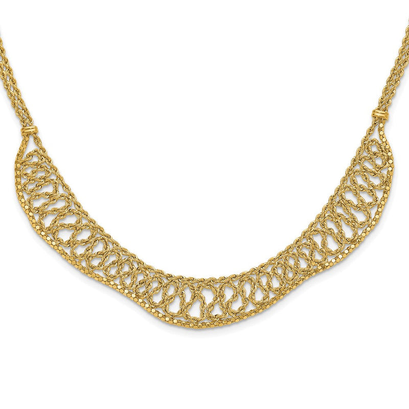 14K Gelbgold Diamantiert Geflochten Kordel Kette Fantasie Vorderseite Drape 17.25 Zoll Halskette