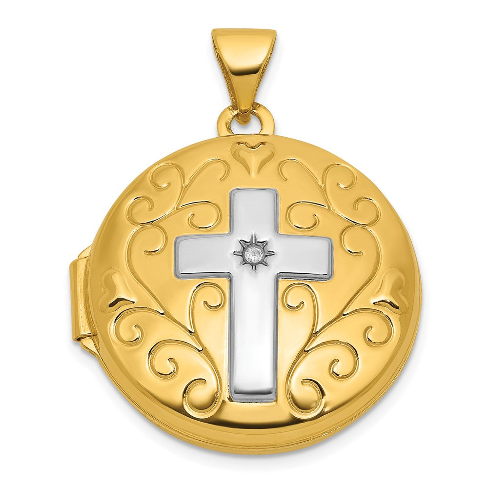 14K Gelbgold und Rhodium Halb Point Diamant Poliert Kreuz 20mm Rund Medaillon