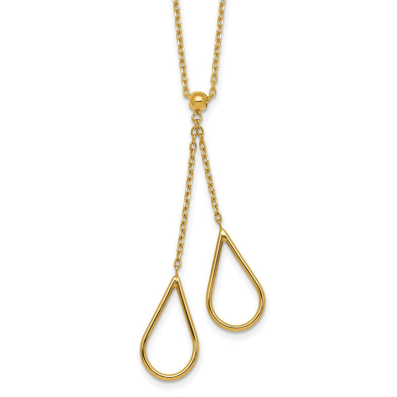 14K Gelbgold Poliert Zwei Teardrops Hängend 16 Zoll Y-necklace Plus 2 Zoll Verlängerung