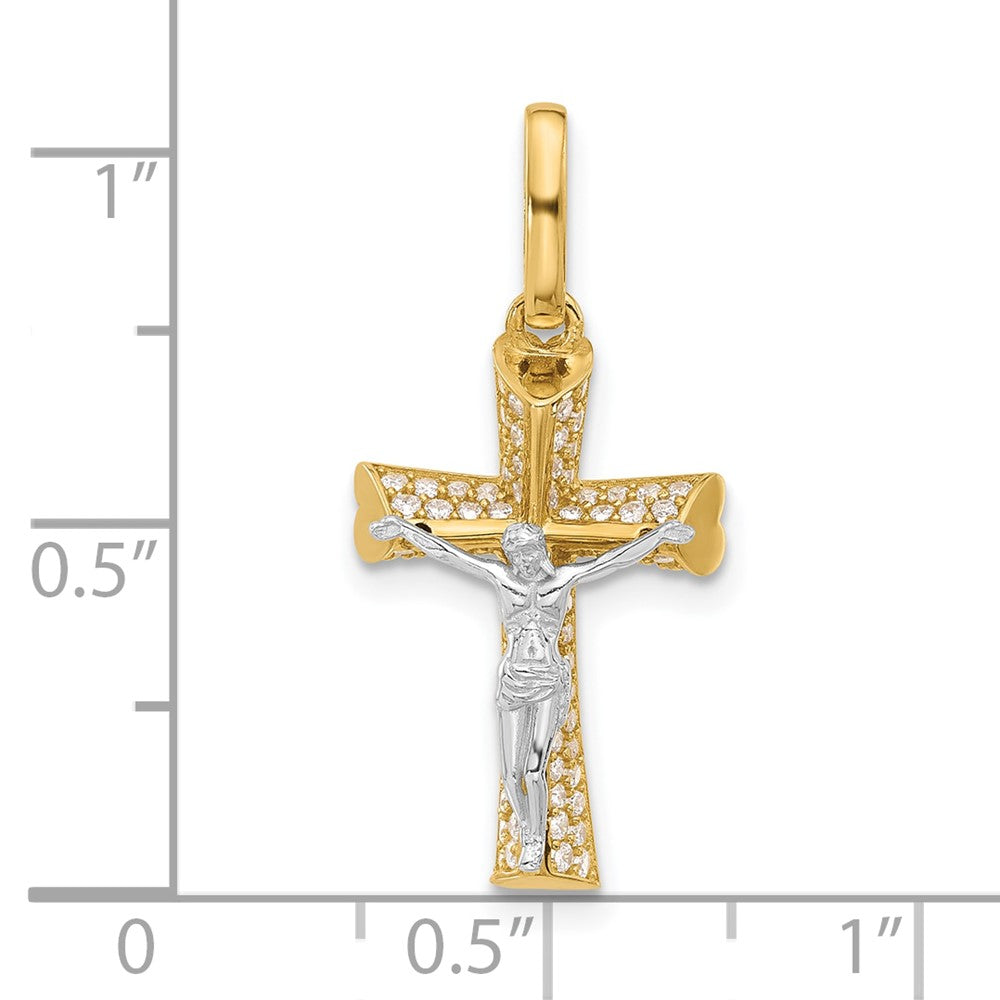14K Bicolor Gold Zweifarbiger Polierter Zirkonia-Kruzifix-Anhänger mit Herzenden