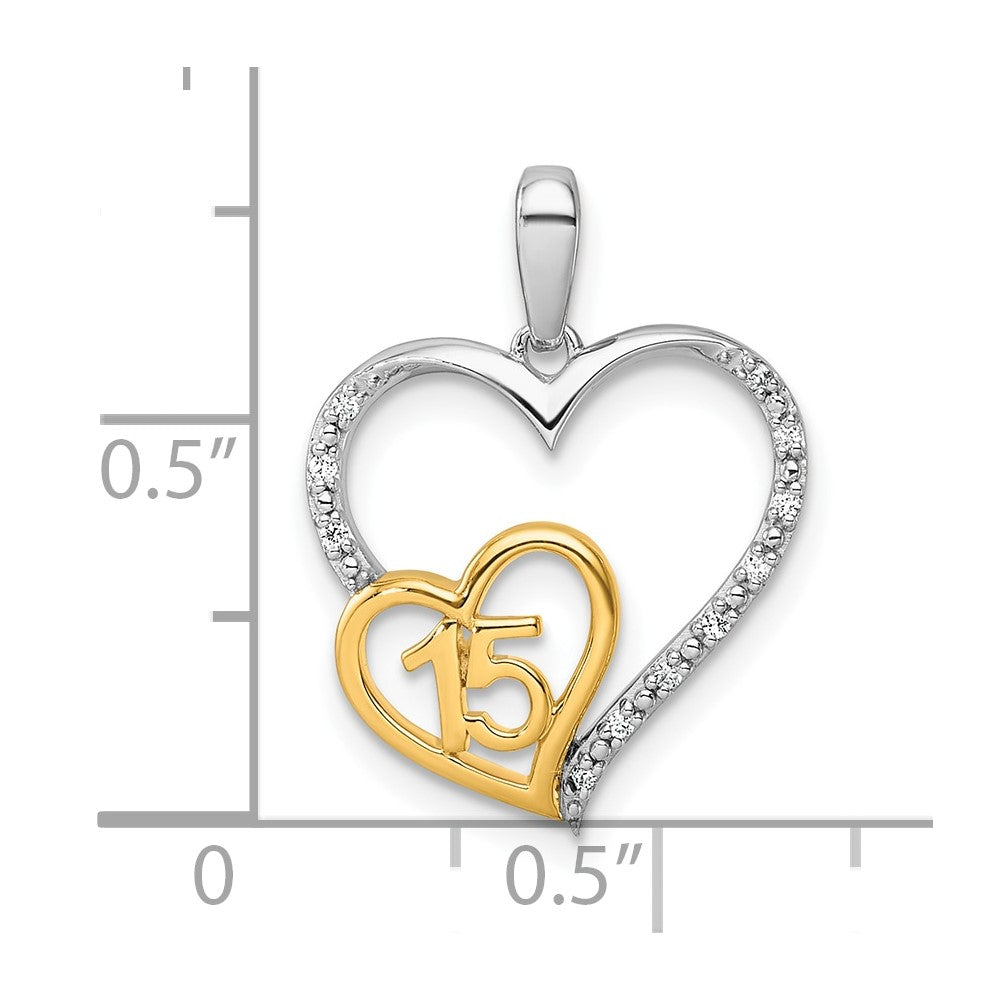 14K Bicolor-Gold Polierter Herz-Anhänger „Quinceañera 15" mit 0,05 ct. Diamant