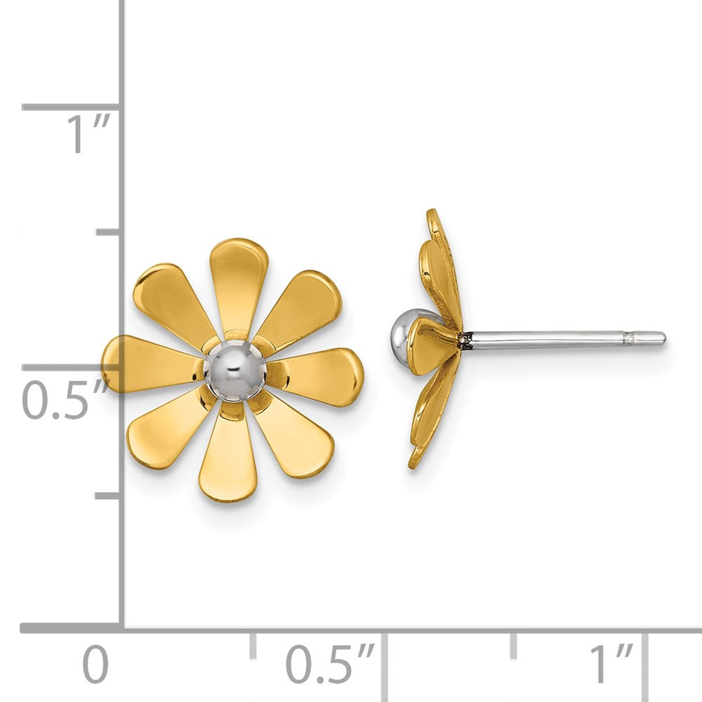 14K Gelbgold Poliert Gänseblümchen mit Rhodium Mittig Ohrstecker