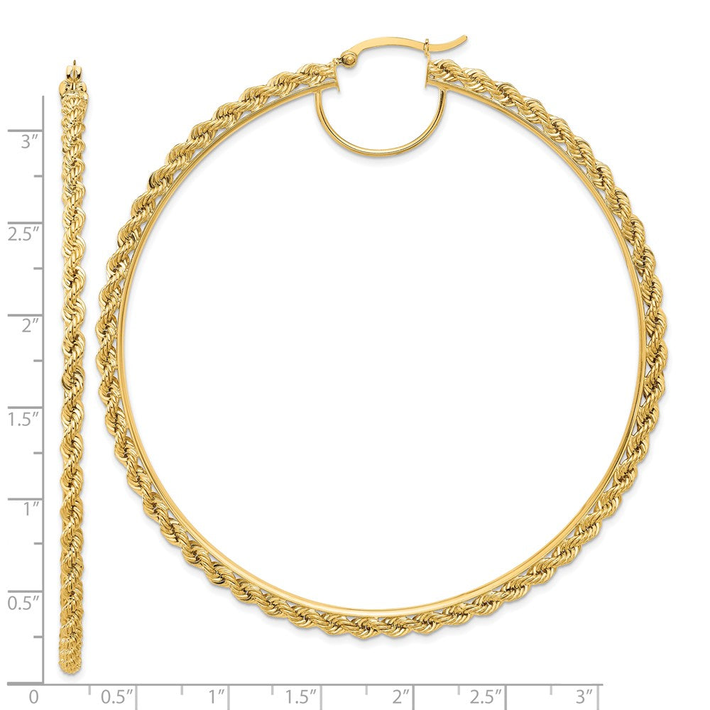14K Gelbgold Ohrringe, poliert und diamantiert, Kordel-Creolen, 2,95 mm