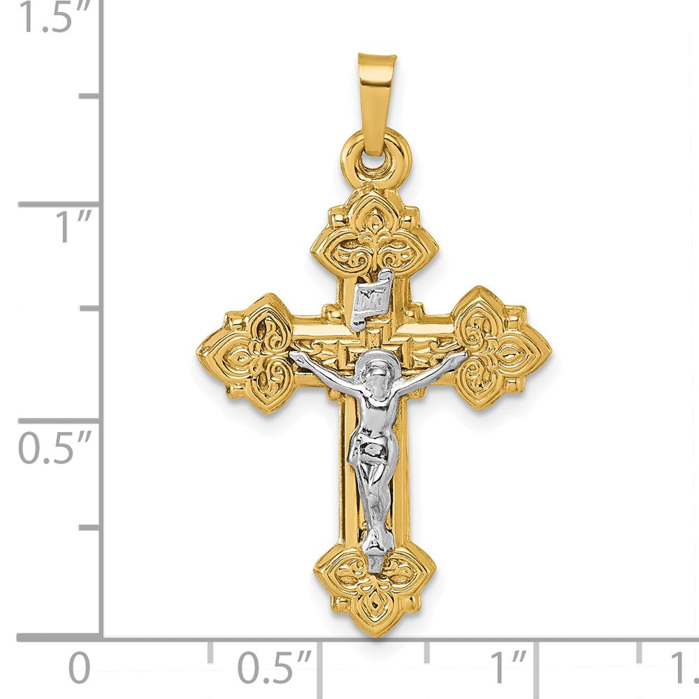 14K Gelbgold mit Rhodium Poliert Fleur De Lis Inri Kruzifix Kreuz Anhänger
