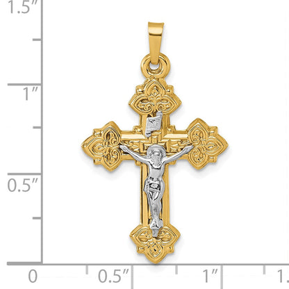 14K Gelbgold mit Rhodium Poliert Fleur De Lis Inri Kruzifix Kreuz Anhänger